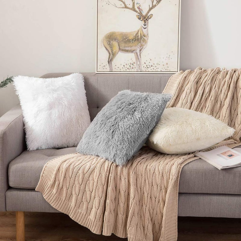 ANRODUO Pack of 2 White Throw Pillow Covers Luxury Fluffy Pillows Faux Fur Decorative Pillows Plush Cushion Case Fuzzy Mongolian Merin Style for Bed Couch Sofa Living Room Spring Decor 18x18 Inch - Image 3